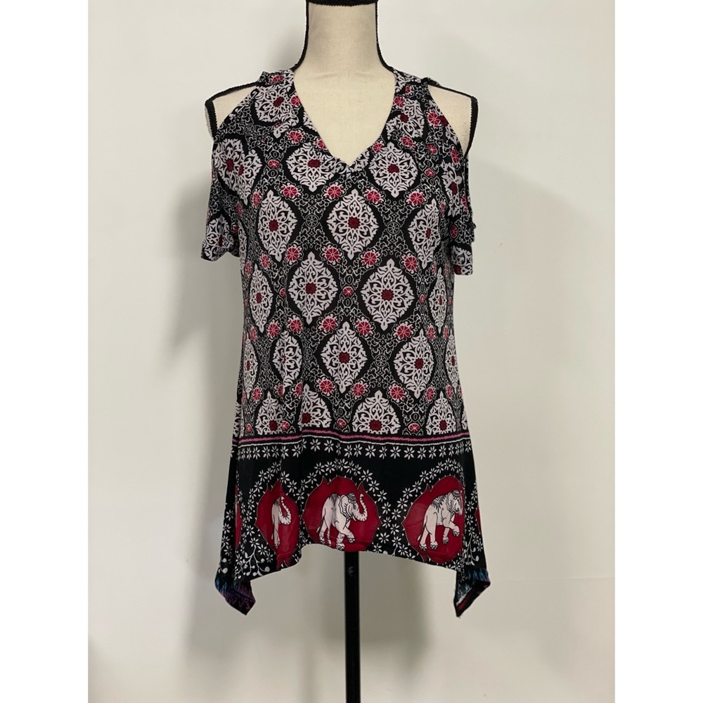 NWT Lida Collection Cold Shoulder V-Neck Blouse Black, White & Red Size S/M